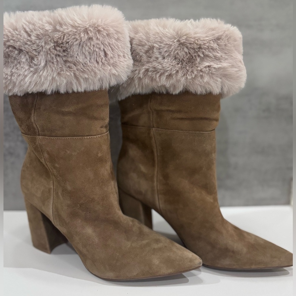 Nine West Brown Suede Faux Fur Lined Pointed Toe Ankle Boots Size 8